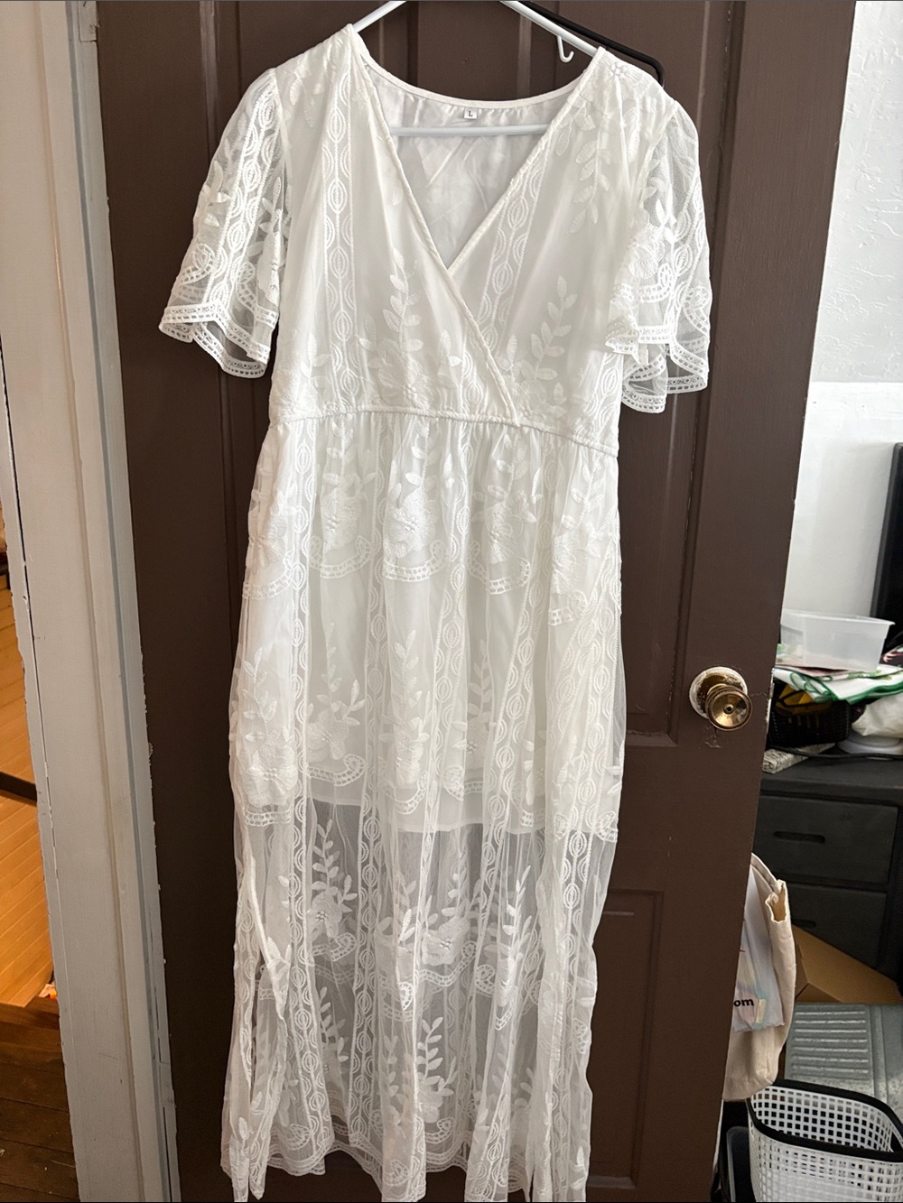 Ivory Floral Lace Maxi Dress with V-Neck and Flutter Sleeves
